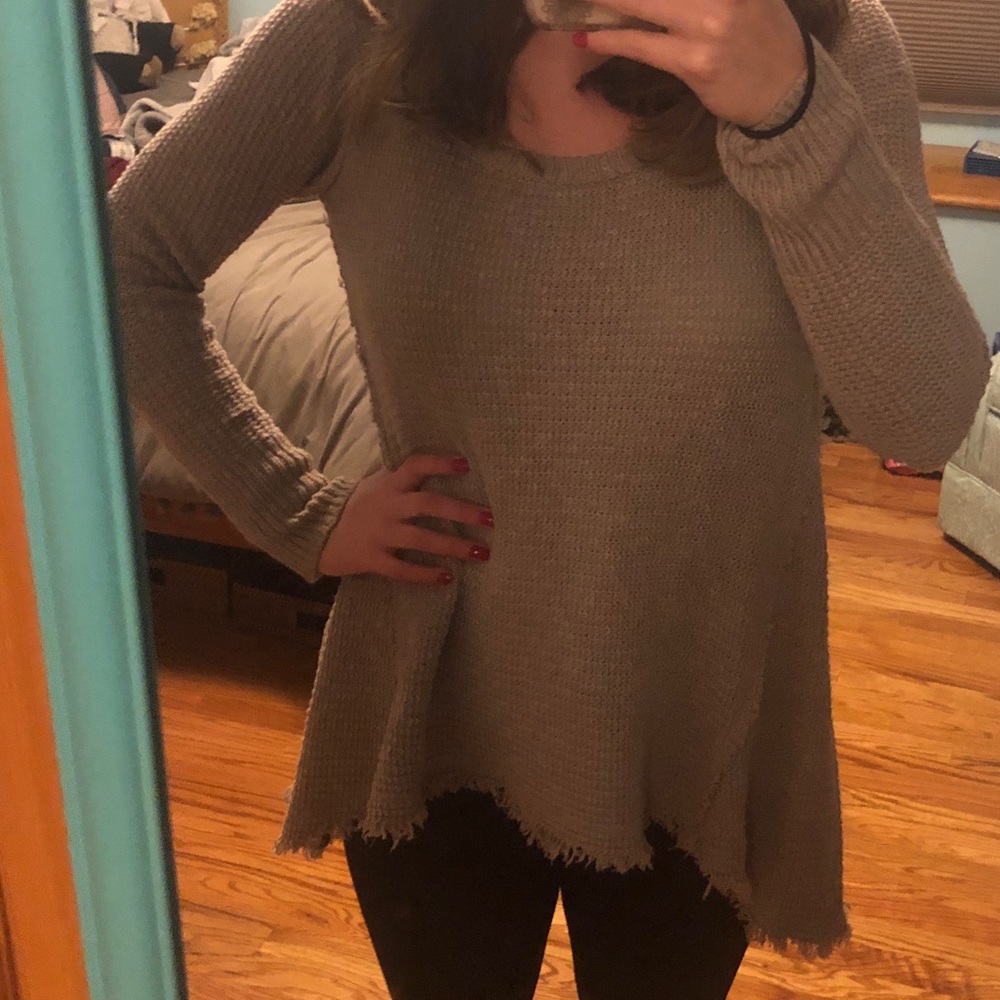 Tan waffled, high-low sweater